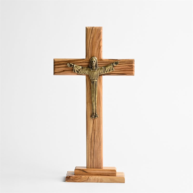 Crucifix de Résurrection sur base avec Corpus en Étain Plaqué Bronze