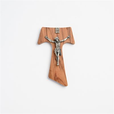 Crucifix Tau en bois d'olivier corpus argentée