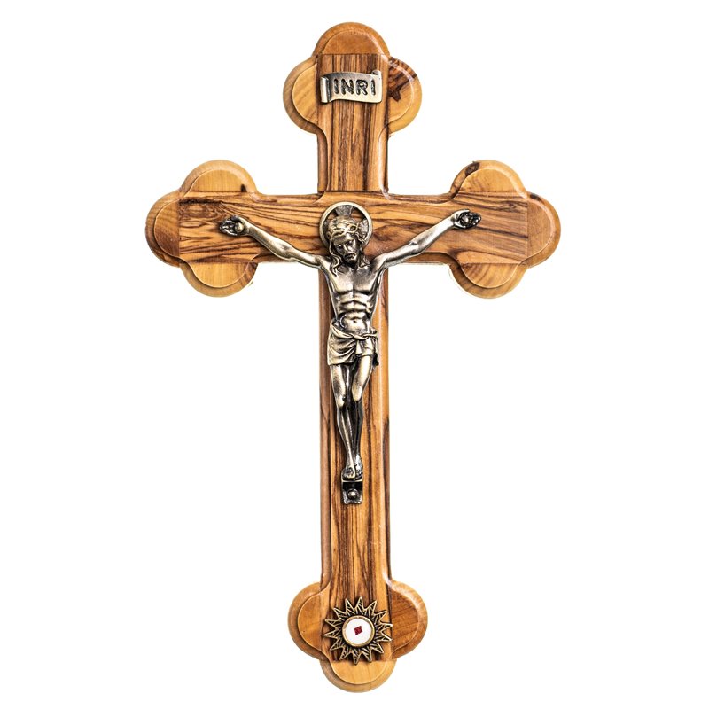 Crucifix en bois 8'' avec relique qui a touchée le lieu de la Nativité