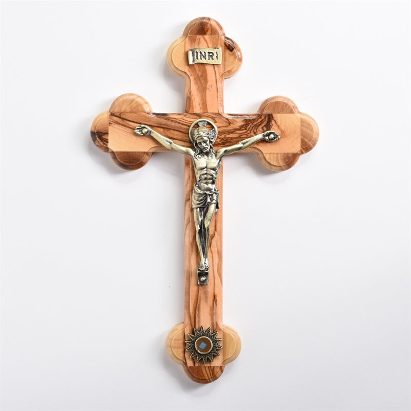 Pewter plated Bronze Corpus Relic Crucifix Made of Olivewood7 3 / 4" Corpus en Bronze plaqué étain Crucifix avec relique en bois d'olivier