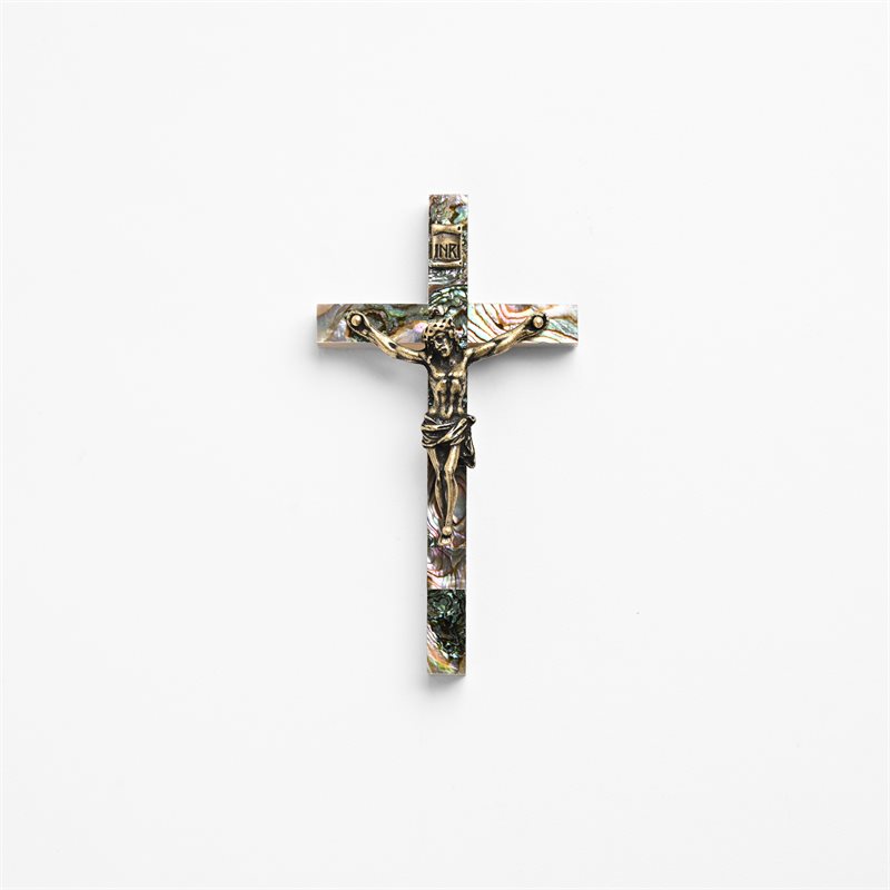 Green Mother of Pearl Crucifix and Olive Wood 5"