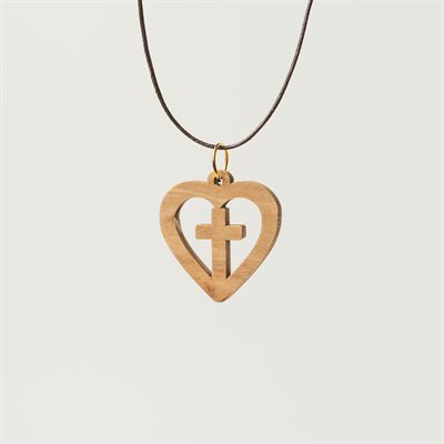 Cross in Heart Pendant on Cord Made of Olivewood