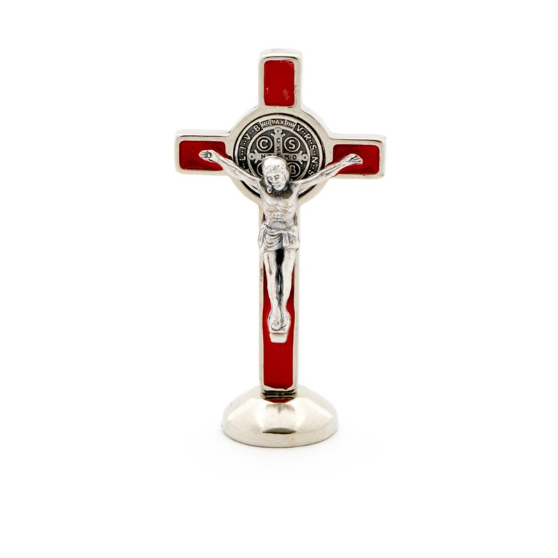 Crucifix St-Benoît sur base magnétique (rouge)
