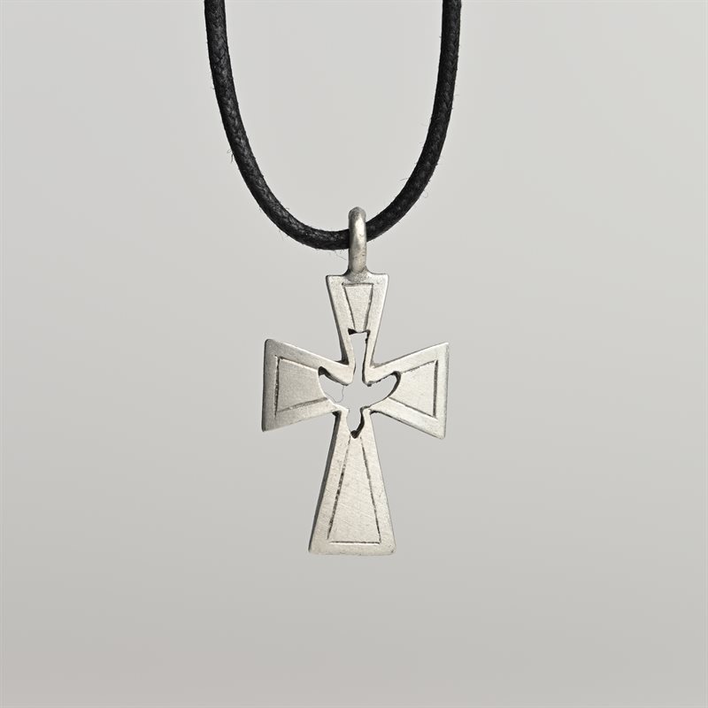 Cross and Dove Pewter Pendant on Cord 1 1 / 4"