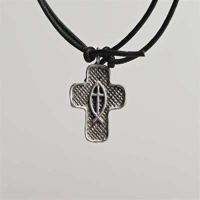 Fish Cross Pewter Pendant on Cord