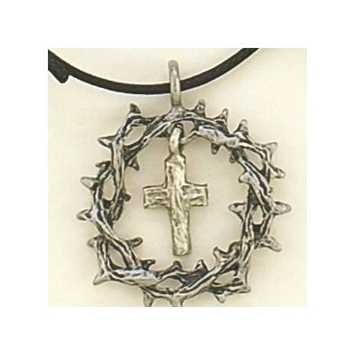 Crown of Thorns Cross Pewter Pendant on Cord