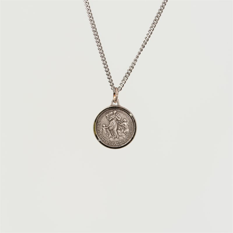 Mary as untier of Knots French Medal with 18" Chain and velvet Box Silver plated Made in France