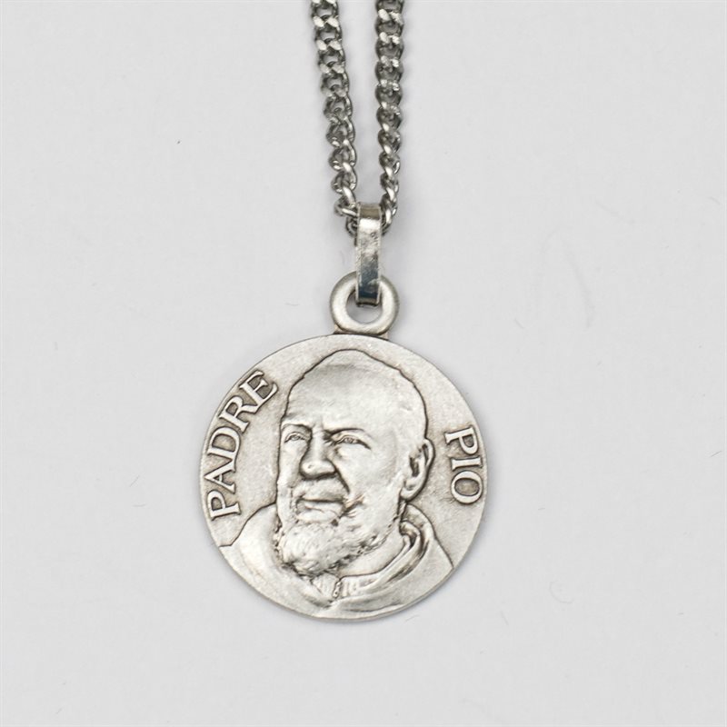Padre Pio Medal with 18" Chain & velvet Box Silver Plated Made in France