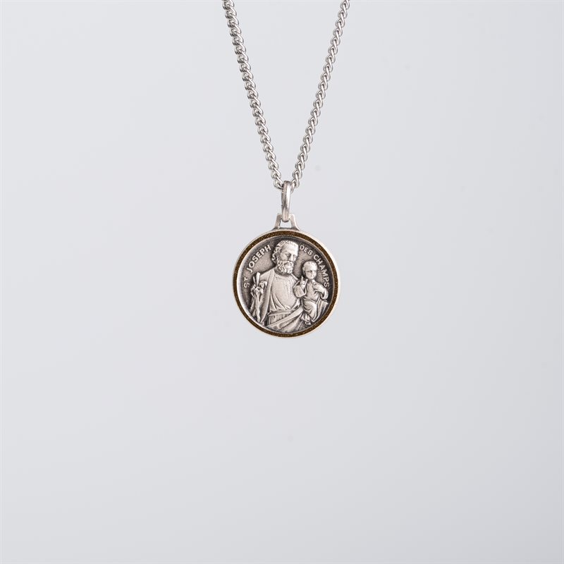 St Joseph Medal with 18" Chain and velvet Box Silver plated Made in France