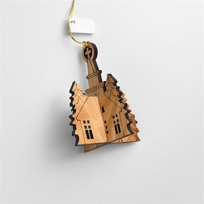3D Church & Trees Ornament Made of Olivewood