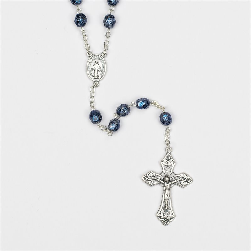 Blue and Black Fire Polished Rosary 7mm