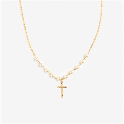 Necklace of cross with pearl cream beads on gold chain