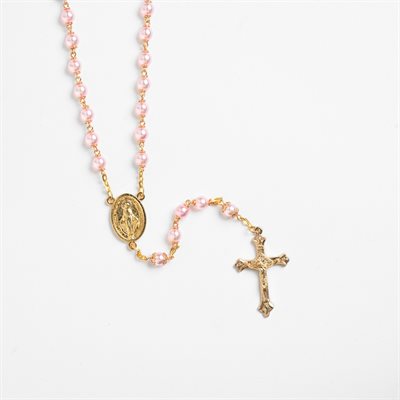 Translucent rosé pearl rosary on gold chain