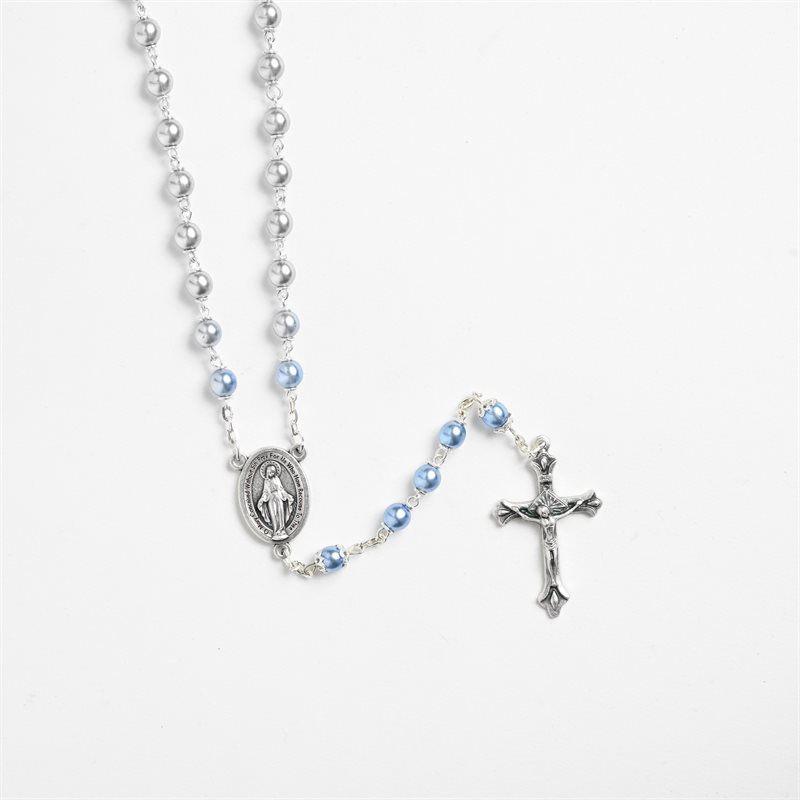 Translucent sky blue pearl rosary on silver chain