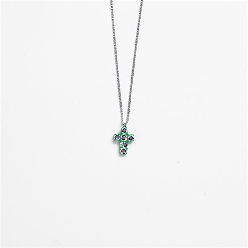 Green Murano Cross Pendant with 18" Chain1" pendentif Croix de Murano avec chaîne de 18"